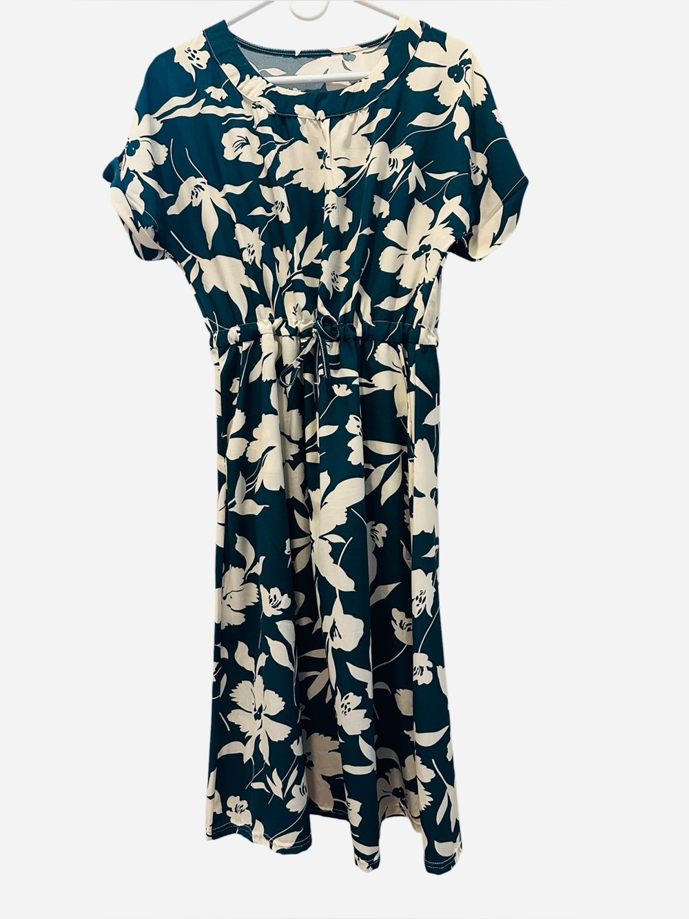 Taiwan Women’s Teal & White Floral Tie-Waist Midi Slipon Dress M/L Cottagecore